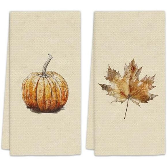 Fall Pumpkin Kitchen Towels - Set of 2, Vintage‎ Pumpkin Maple Leaves Decorative - Picture 8 of 8